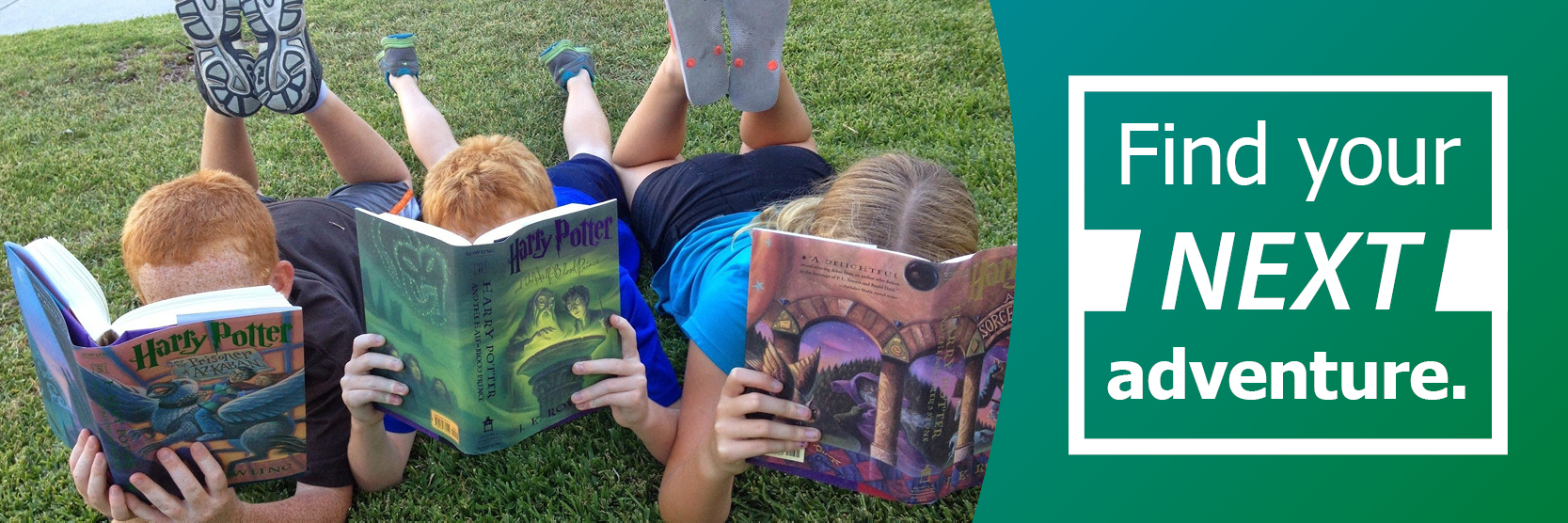 Using Your Card header showing three kids on the grass reading Harry Potter books with the words "Find Your Next Adventure"