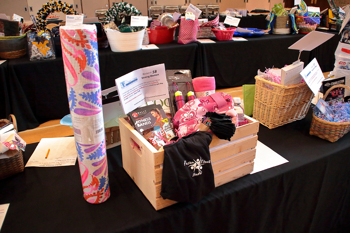 Auction baskets displayed on table