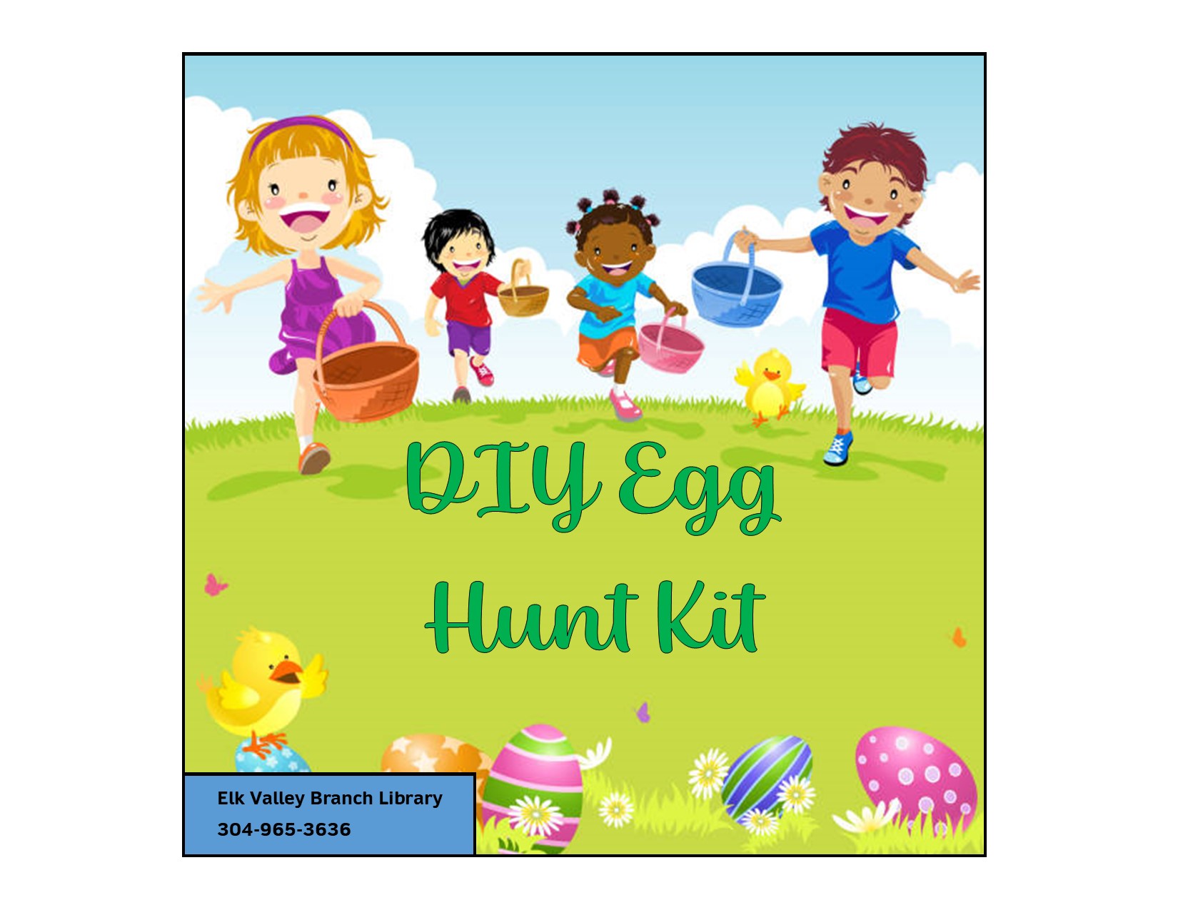 Children on egg hunt with text