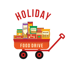 Red wagon loaded with food and the words "Holiday Food Drive" on it