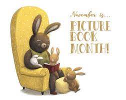 Rabbit seated in oversized chair reading to three small rabbits in celebration of November as Picture Book Month