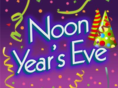 The words "Noon Year's Eve" are outlined in blue on a purple background with colorful party hats and streamers