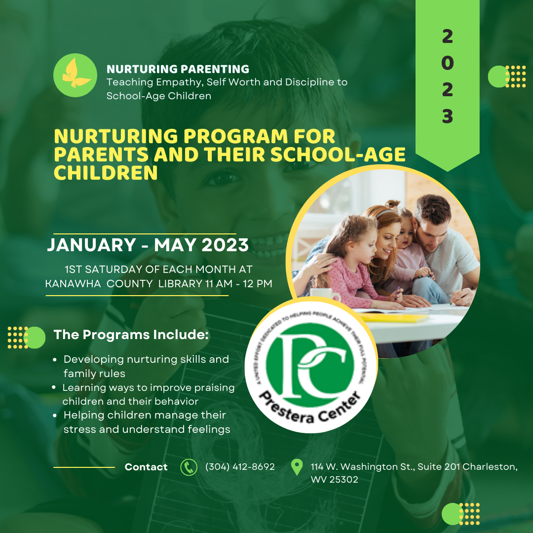 Poster with green background, photo of a family, Prestera Center logo,  & words describing Family Nurturing Program
