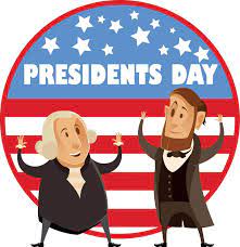 Flag background with George Washington on left and Abraham Lincoln on right with words Presidents Day