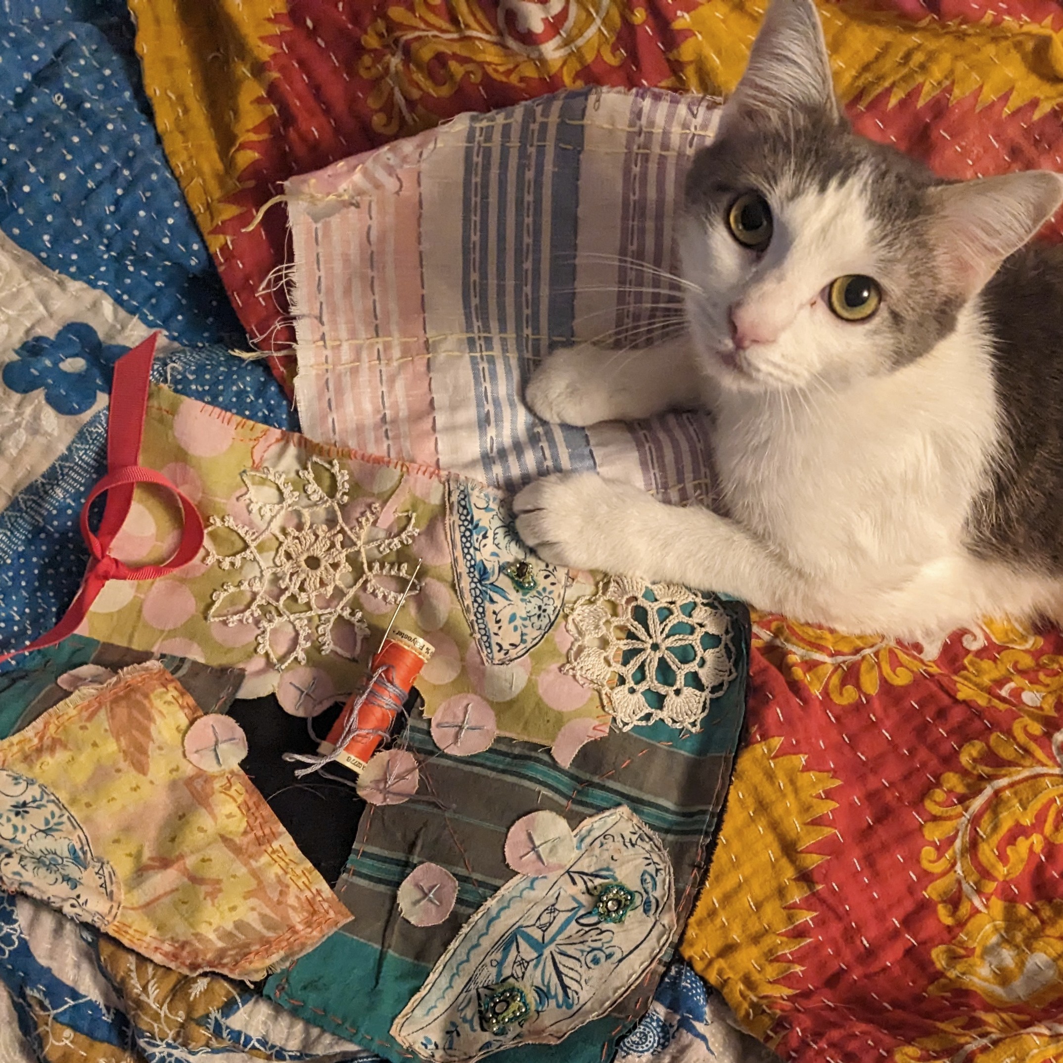 A kantha blanket with hand stitched samplers and needle and thread on top take up the frame. A kitten is laying on the blanket and samplers looking up at the viewer. 