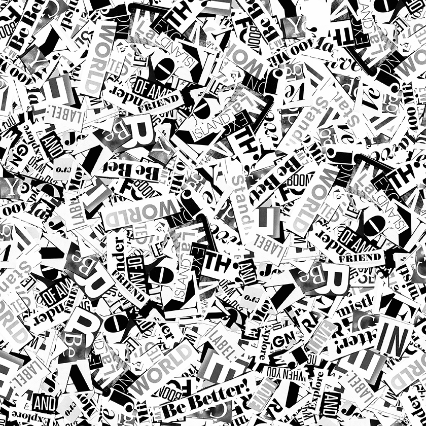 black and white magazine words collage
