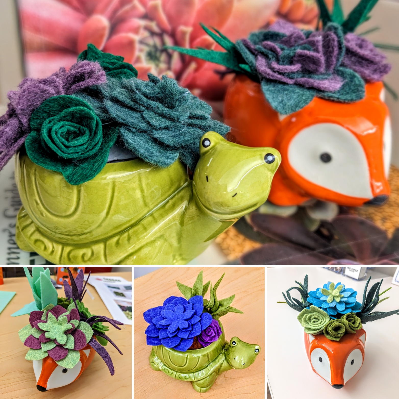 colorful felt succulents in turtle and fox shaped pots