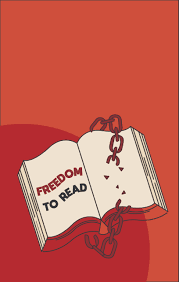 Red background with open book with the words "Freedom to Read"