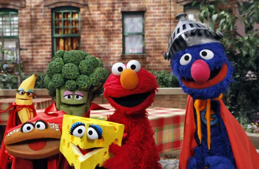 Sesame Street's Grover & Elmo with fruits & vegetables