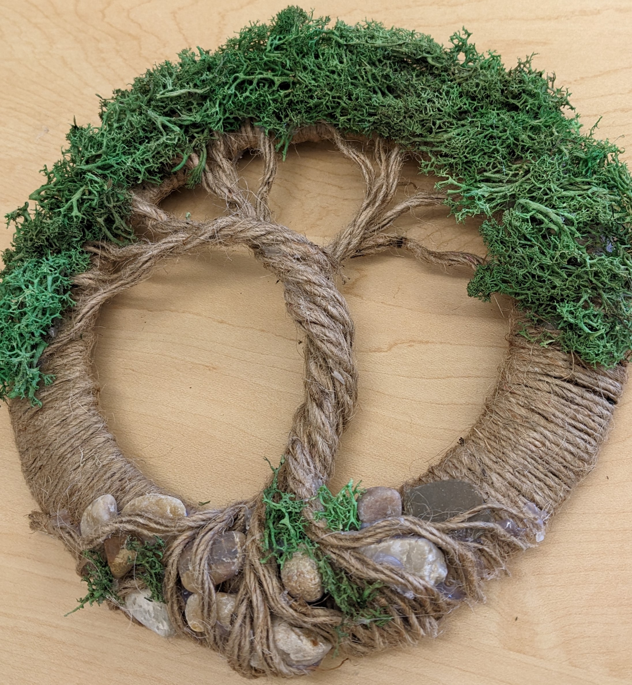 tree of life wreath made from twine and moss