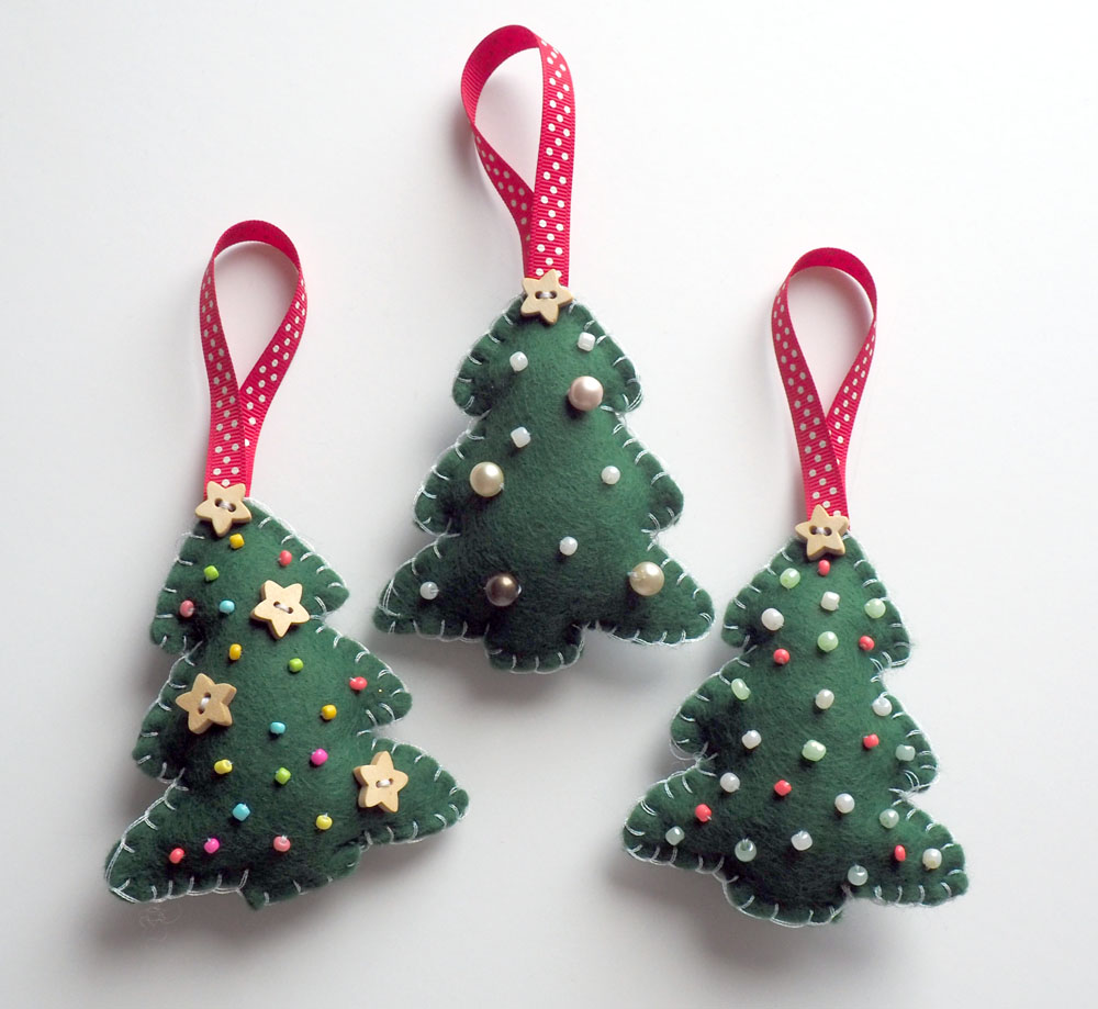 Handmade Christmas tree ornaments made from felt