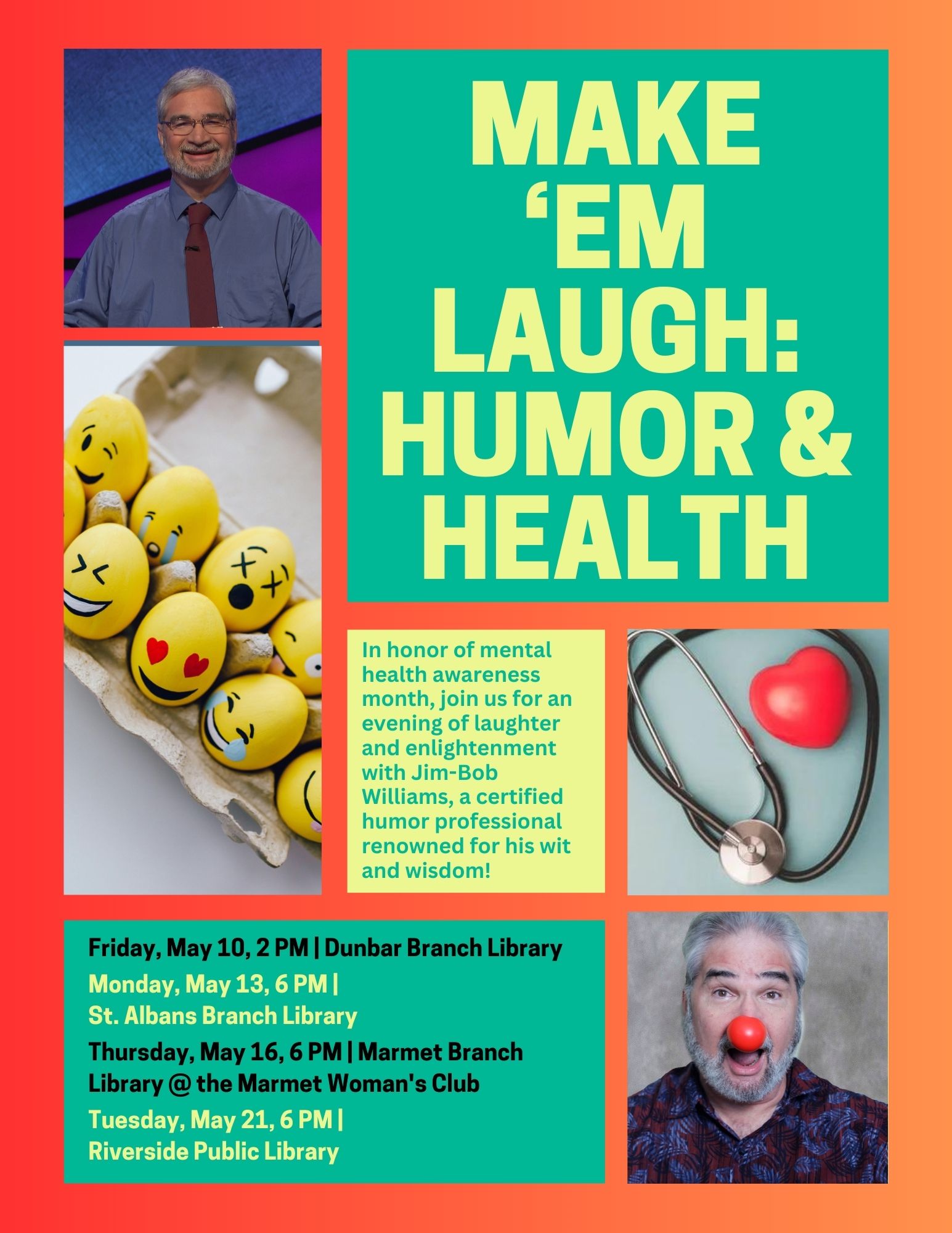 A flyer with information about our event series on Humor and Health