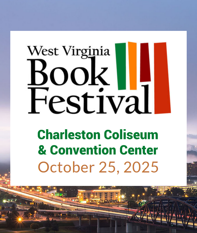 West Virginia Book Festival. Charleston Coliseum & Convention Center. October 25, 2025. Image of Charleston bridge and skyline in the background.