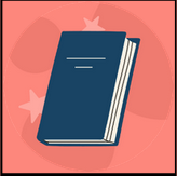 A blue book with white pages illustrated against a red background with two pale red stars behind the book