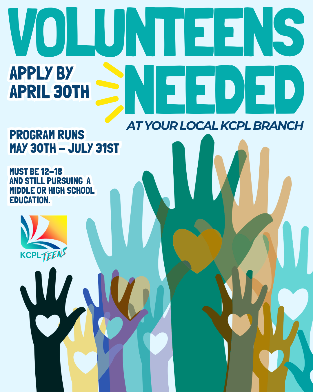Image reiterates information about the 2026 VolunTEEN program, but with blue, green, and teal colored hands raised up in the background and yellow accents framing it.