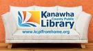 KCPL from Home logo with white sofa on wood floor with orange textured paint background.