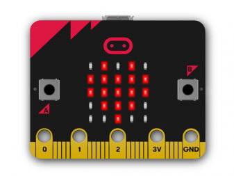 Micro:bit device with red and gold trim, features red heart graphics displayed via simple LED array