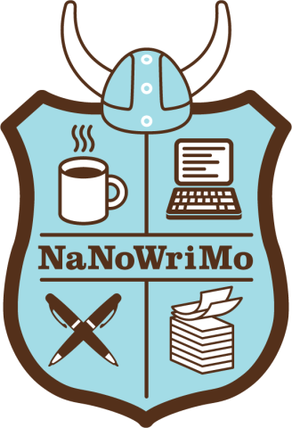 NaNoWriMo blue shield logo with Viking helmet on top