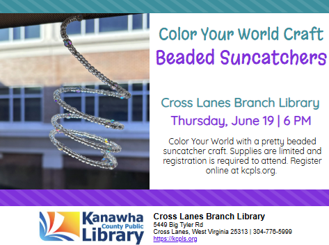 Suncatcher Craft flyer, purple and blue text with picture of suncatcher hanging in the window