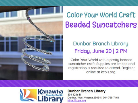 Dunbar Suncatcher Quarter Page craft flyer, blue and purple text with photo of suncatcher hanging in window