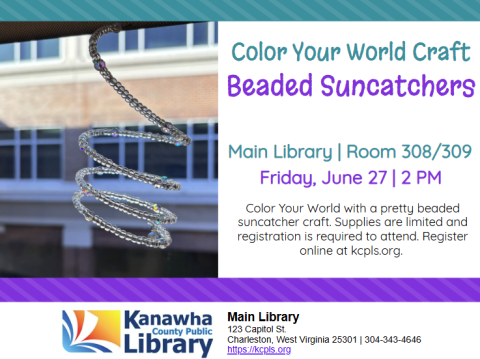 Main Suncatcher Craft flyer, purple and blue text with picture of suncatcher hanging in the window