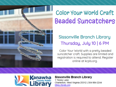 Suncatcher Craft flyer, purple and blue text with picture of suncatcher hanging in the window