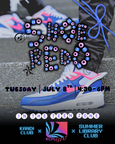 Shoe Redo. Tuesday, July 8th, 4:30-6PM. In the Teen Zone. Kandi Club x KCPL Teens x Summer Library Club.