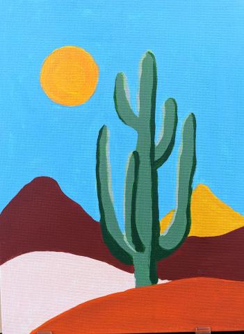 painting of a tall green saguaro cactus with blue sky, yellow sun, and warm gold, pink and dark red hills
