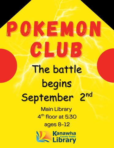 Yellow background w/red & black letters w/info about Pokemon Club