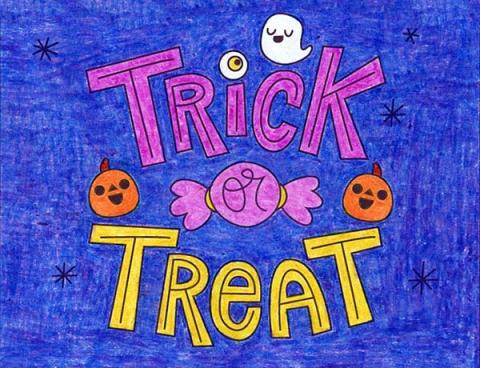 The words Trick or Treat with small ghosts, candy, and pumpkins