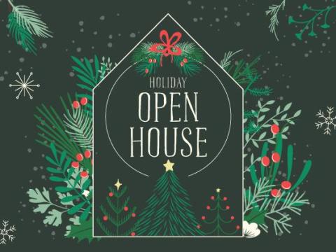 Green background, Holiday Open House text