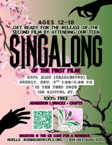 Flyer containing all information from this Wicked: Teen Singalong webpage. Indicative of the green & pink poster with outstretched hands.