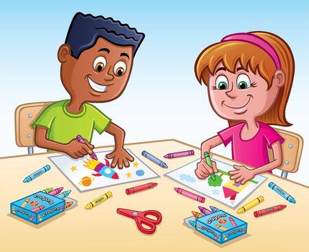 Two kids coloring at a table