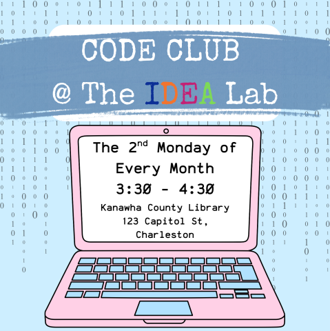 An image of a pink laptop over a blue background - lists the title, days, and address for the Code Club program