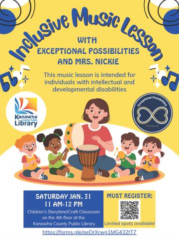 Yellow background with blue lettering shows teacher with students sitting around her