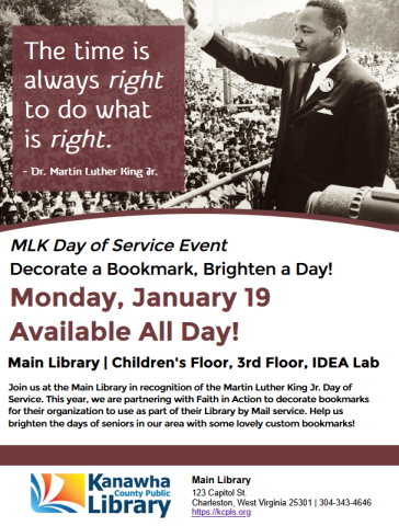 MLK Day 2026 flyer advertising bookmark decorating with photo of MLK