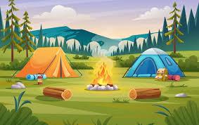 Tents, mountains, campfire, trees