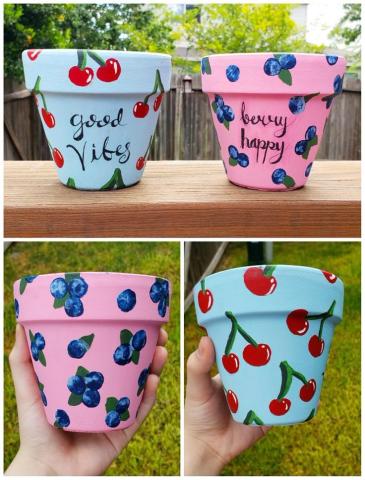 Painted flower pots in floral and fruit patterns