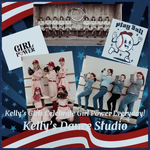 Square contains three separate photos of women & girls as baseball players