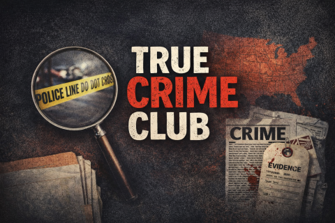 True Crime Club image with magnifying glass and evidence files