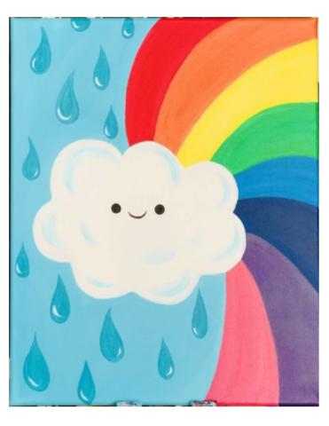 picture of painting with raindrops, cloud, and rainbow