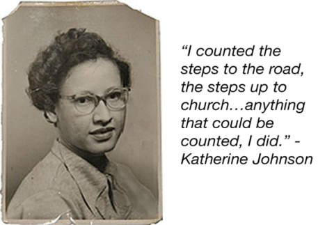 Black & white photo of Katherine Johnson with quote on right side