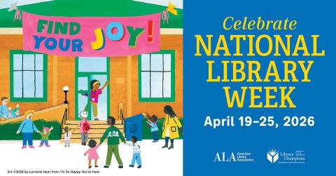 Colorful library on left side with blue poster on right that says "National Library Week"