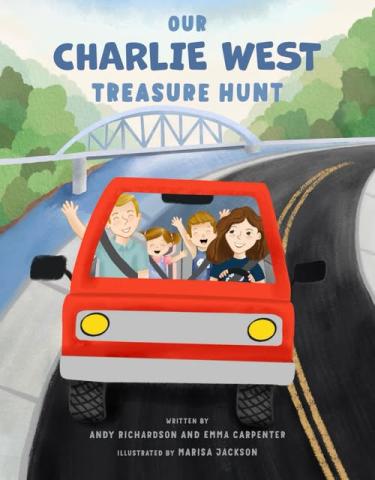 Book cover with red car filled with family driving down the road