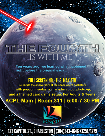 Flyer for "The Fourth Is With Me" Event. Features details outlined on this webpage, as well as a starry background with a planet in the front, being hit by a laser beam. Text has a scrolling look.