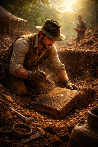 Archeologist, ancient book, misty background