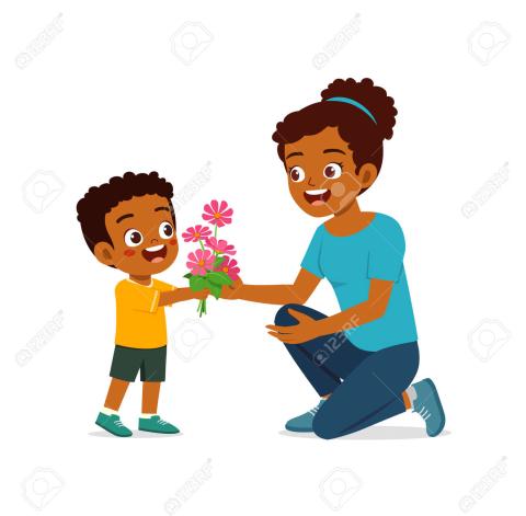 Child giving purple flowers to kneeling woman