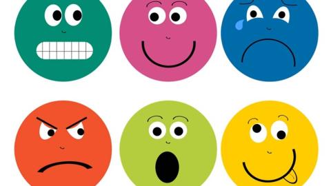 Six multicolored emojis displaying varying emotions