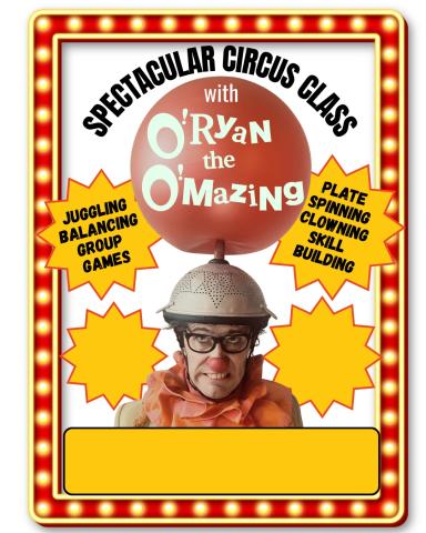 Clown with metal colander & red balloon on his head