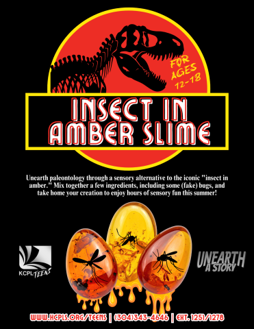 Flyer for program, made to look like the Jurassic Park books. Features red, white, and yellow text and images, with three insect-in-amber eggs with mosquitos inside. Text contains the information found elsewhere on this calendar listing.